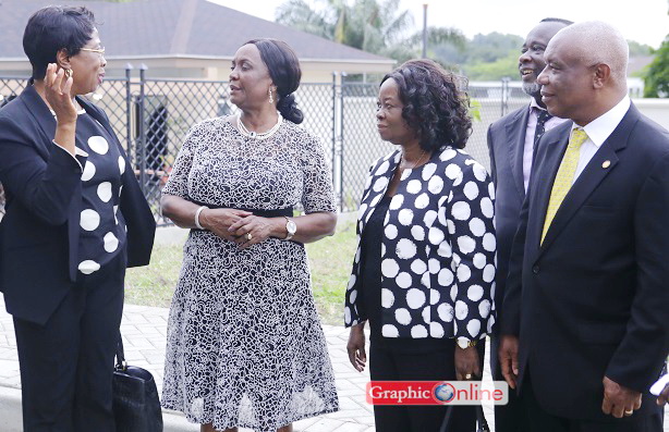 Justice Georgina Theodora Wood (3rd right), the Chief Justice, interacting with Mrs Sophia Akuffo (2nd left), the incoming Chief Justice